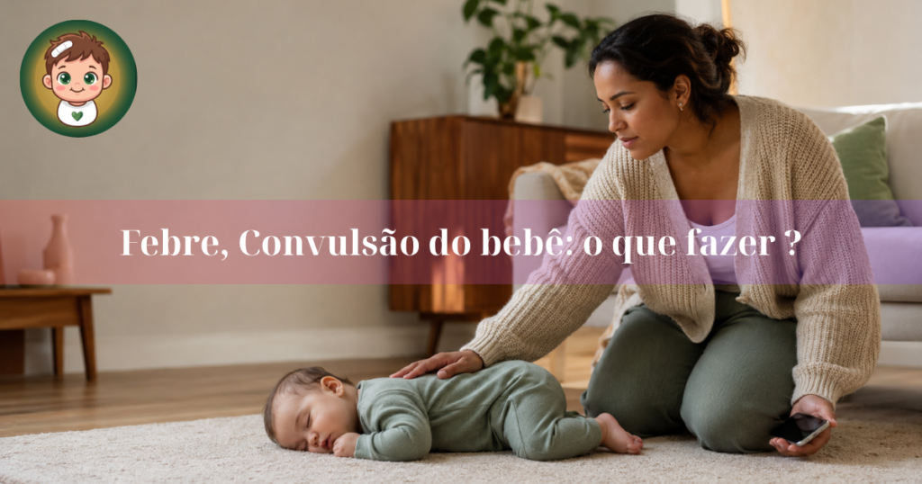 convulsão febre bebê o que fazer — mãe posicionando bebê de lado durante episódio febril\n